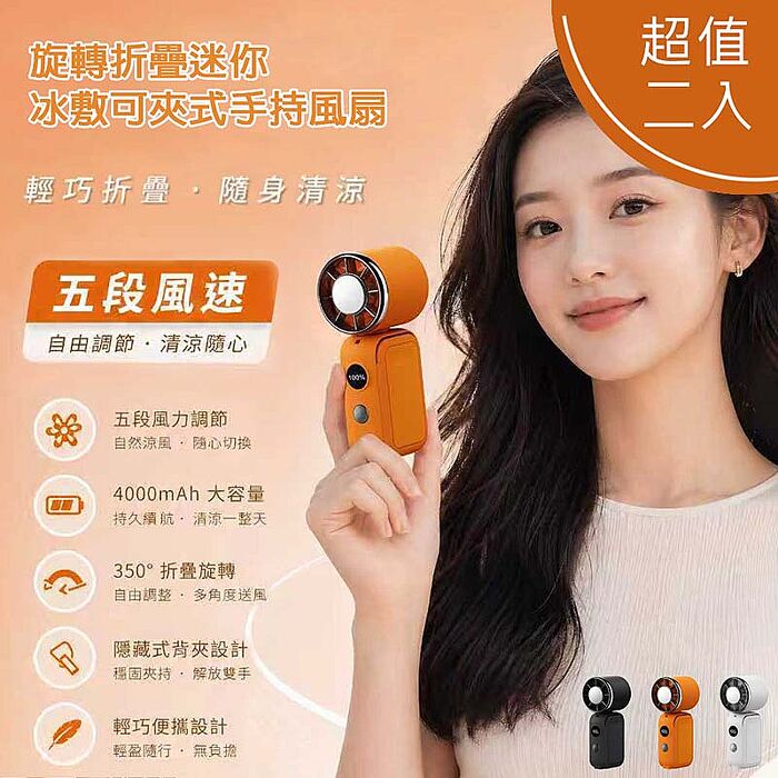 【2入組】MCK 旋轉折疊迷你冰敷可夾式手持風扇(五段風速/大容量電池/可掛脖) YM-001