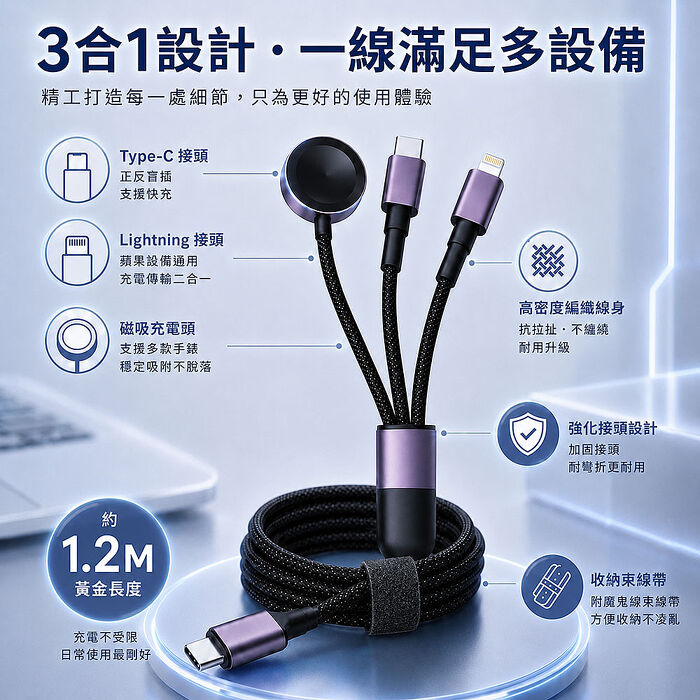 DA 3合1多功能編織快充線(Apple Watch磁吸充電/Lightning/Type-C) 1.2M