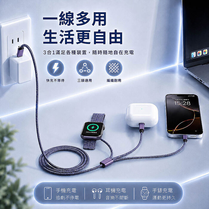 DA 3合1多功能編織快充線(Apple Watch磁吸充電/Lightning/Type-C) 1.2M