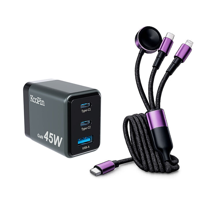 KooPin 台灣製造45W氮化鎵 2C1A手機快充充電器+3合1多功能編織快充線(1.2M)