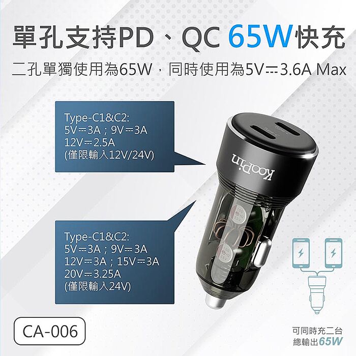 KooPin 台灣製造 65W 雙孔Type-C 車用充電器+3合1多功能編織快充線(1.2M)