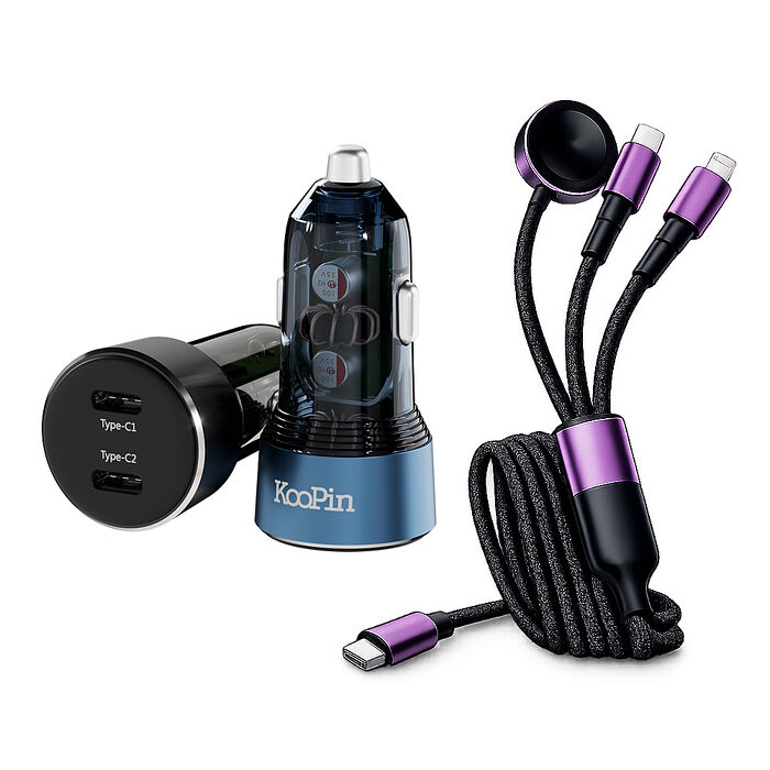 KooPin 台灣製造 65W 雙孔Type-C 車用充電器+3合1多功能編織快充線(1.2M)