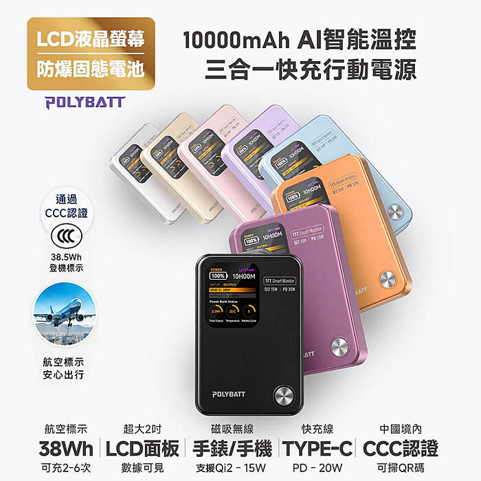 POLYBATT 固態 AI智能溫控快充行動電源10000mAh(LCD螢幕/CCC/磁吸無線) PB11