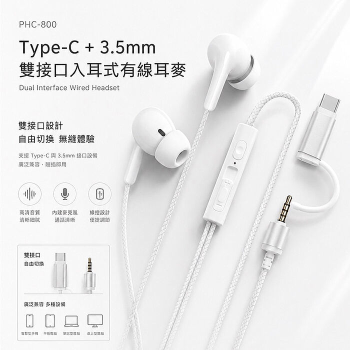 Songwin 雙接頭入耳 立體聲耳機麥克風(TYPE-C/3.5mm) PHC-800