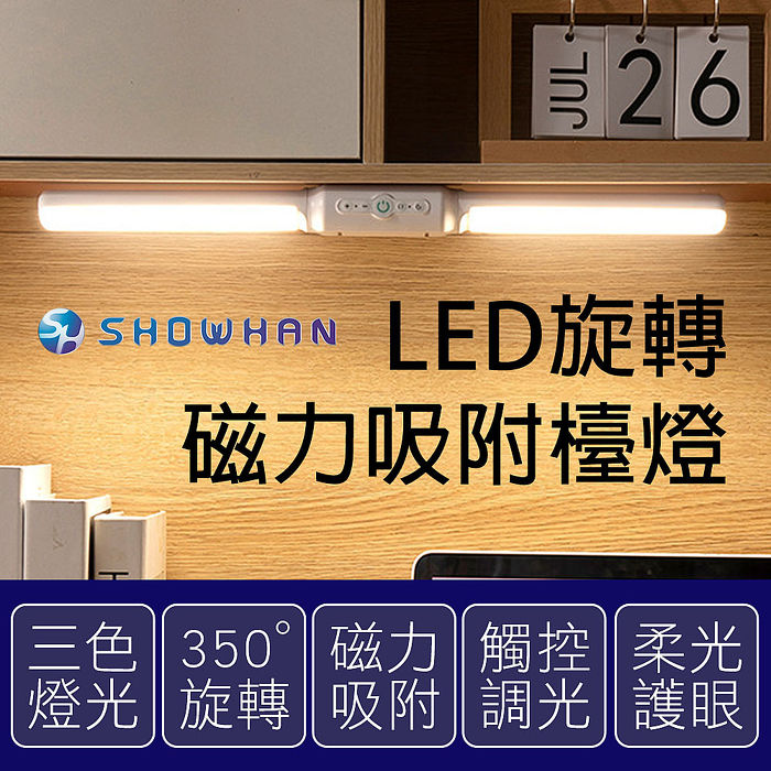 SHOWHAN LED旋轉磁力吸附雙頭檯燈 USB充電 3種色溫(宿舍燈 化妝燈 床頭燈 應急燈)