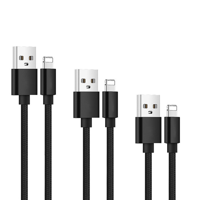 SHOWHAN  USB-A to Lightning 編織傳輸充電線 3條裝-黑色 (0.25M+1M+2M)11月158破盤