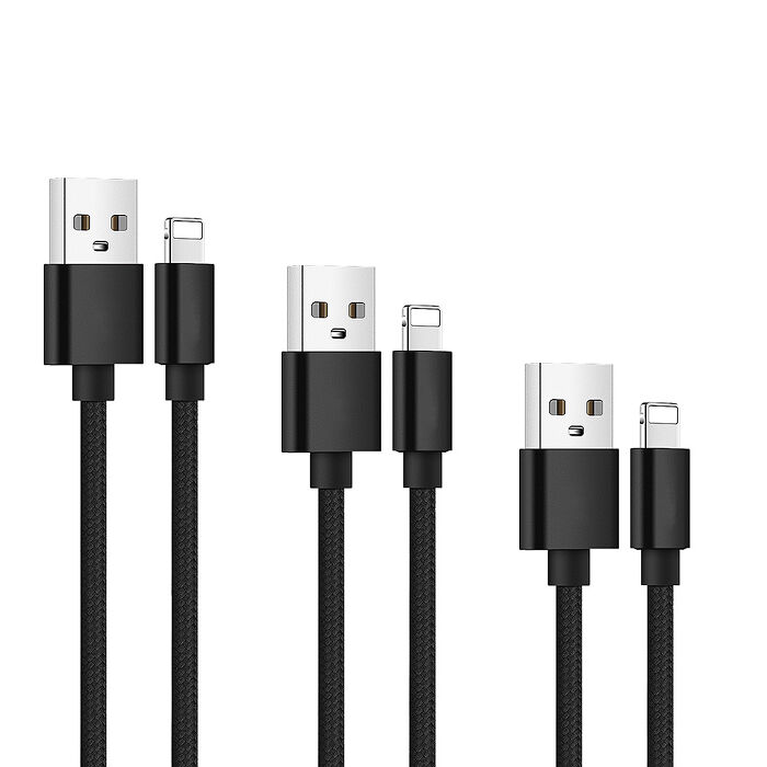 SHOWHAN  USB-A to Lightning 編織傳輸充電線 3條裝-黑色 (0.25M+1M+2M)