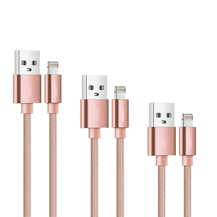 SHOWHAN  USB-A to Lightning 編織傳輸充電線 3條裝-玫瑰金 (0.25M+1M+2M)2月158破盤
