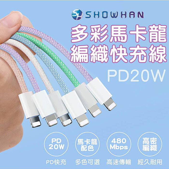 【SHOWHAN】馬卡龍編織 20W PD快充線 1M(Type-C to 蘋果)