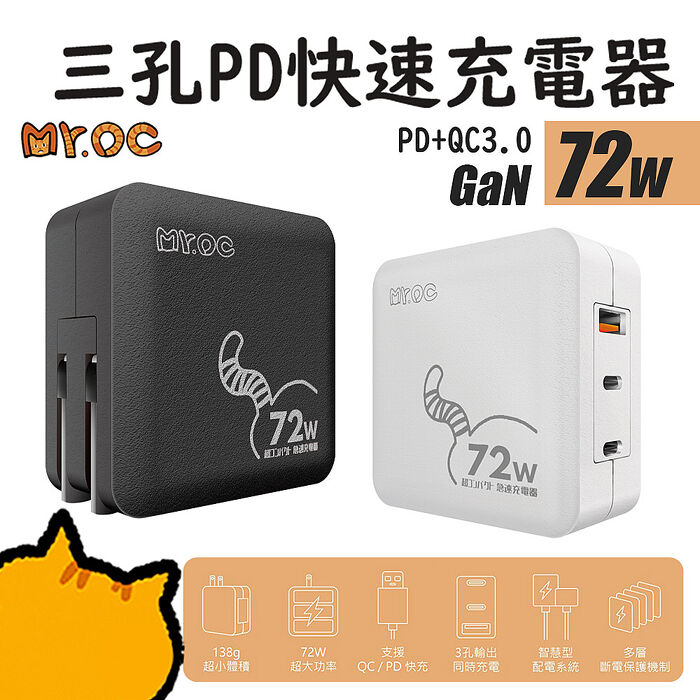 Mr.OC橘貓先生 72W GaN PD+QC3.0 三孔 折疊 PD快速充電器