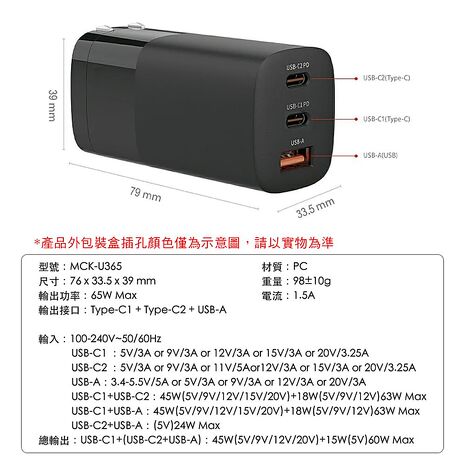 MCK 65W 台灣製造 氮化鎵GaN 三孔電源充電器 PD快充頭 雙TypeC USB充電(活動)