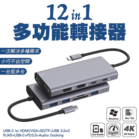 12合1多功能轉接器 TC轉HDMI/RJ45/VGA/USB 3.0 (UC601)【APP搶購】