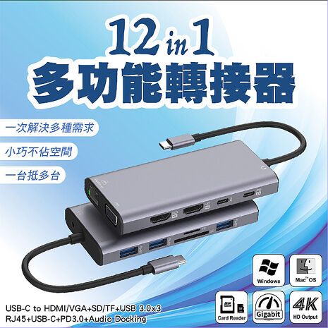 12合1多功能轉接器 TC轉HDMI/RJ45/VGA/USB 3.0 (UC601)