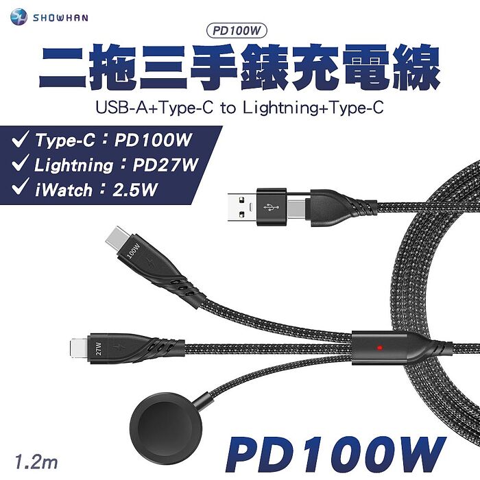 SHOWHAN PD 100W 二拖三 USB-A+Type-C to Lightning+Type-C+手錶充電線1.2M