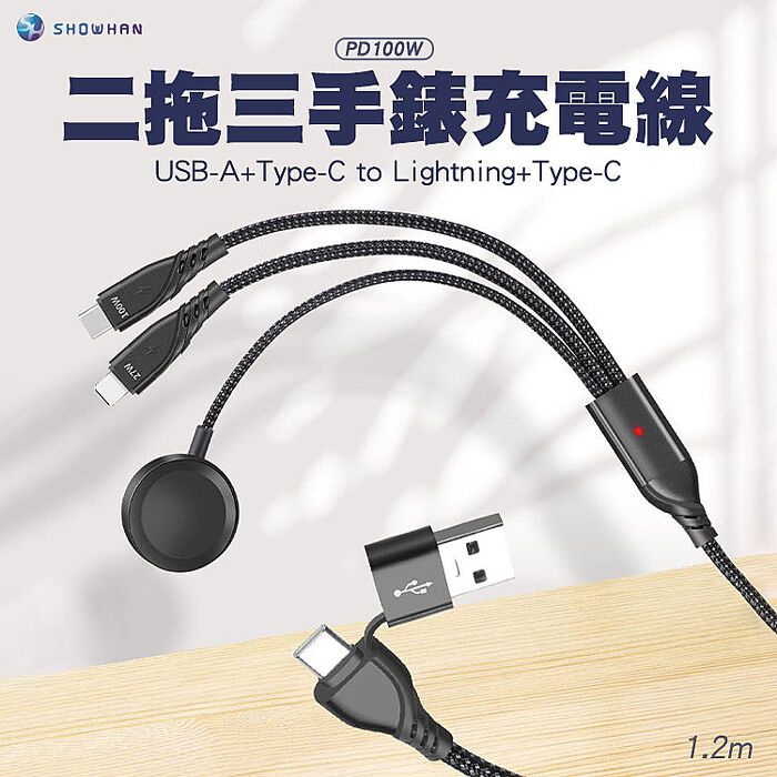 SHOWHAN PD 100W 二拖三 USB-A+Type-C to Lightning+Type-C+手錶充電線1.2M