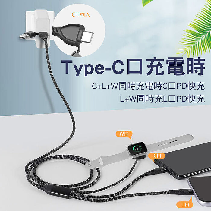 SHOWHAN PD 100W 二拖三 USB-A+Type-C to Lightning+Type-C+手錶充電線1.2M