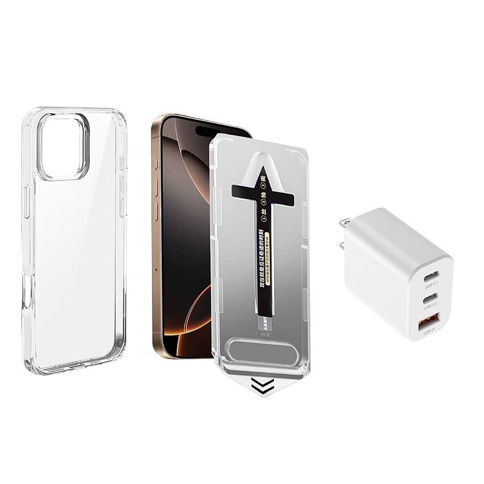 超值組合 iPhone 16 系列  防摔空壓殼+除塵秒貼亮面保護貼+33W氮化鎵充電器