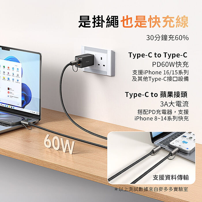 麥多多 充繩系列 多功能掛繩數據充電線 Type-C to Lightning 1.2m 黑色(CA-6820)