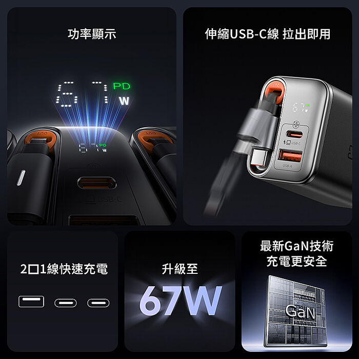 麥多多 FreeGo系列 自帶伸縮線氮化鎵 GaN 67W 快充充電器(CH-411)