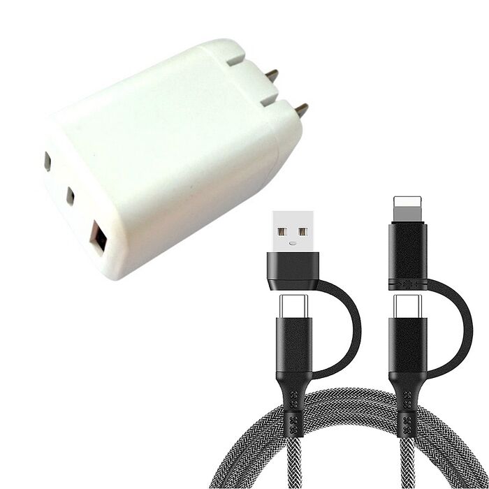 33W 氮化鎵 2C1A 三孔快速電源供應器充電器-白+PD60W四合一充電組(搶購)
