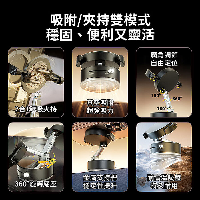 蘋果安卓兩用磁吸/夾臂雙用 雙360度旋轉軸  吸盤N54車用支架手機支架(活動)
