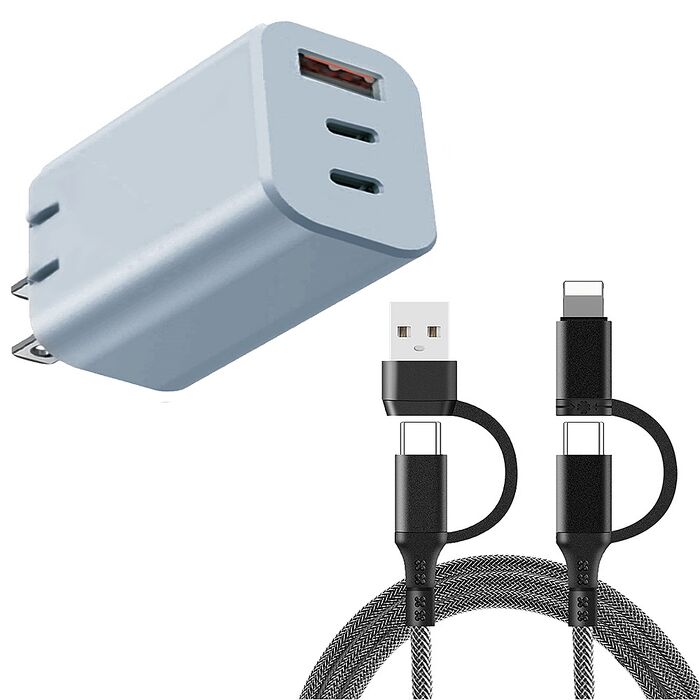 33W 氮化鎵 2C1A 折疊款三孔快速電源供應器充電器-藍灰色+PD60W四合一充電組(搶購)