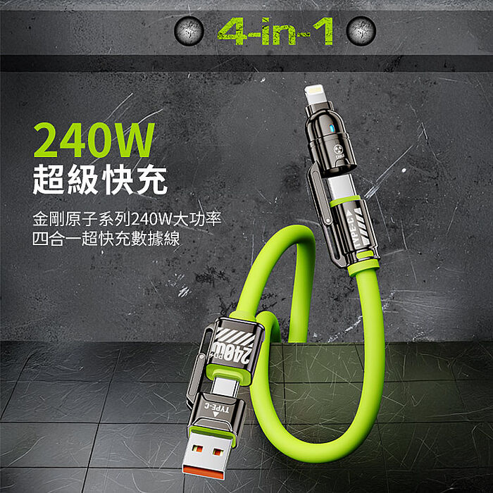 SHOWHAN 240W 超級快充 四合一 E-Marker芯片 液態矽膠PD充電線 1m (搶購)