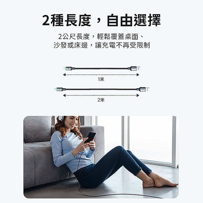 麥多多 Buy easy系列 帶燈編織充電線 Type-C to Lightning 36W 1m-黑色 CA-6690