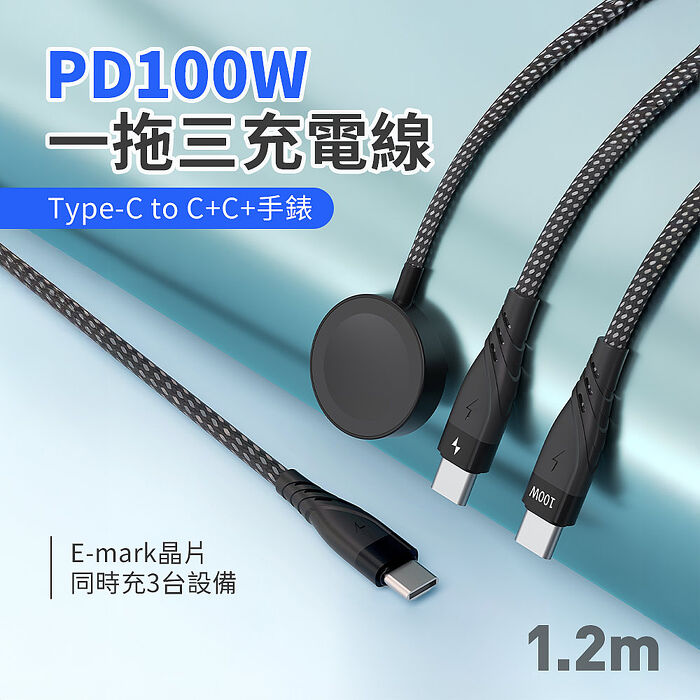 SHOWHAN PD 100W 一拖三 Type-C to Type-C+Type-C+Watch手錶 充電線1.2m(搶購)