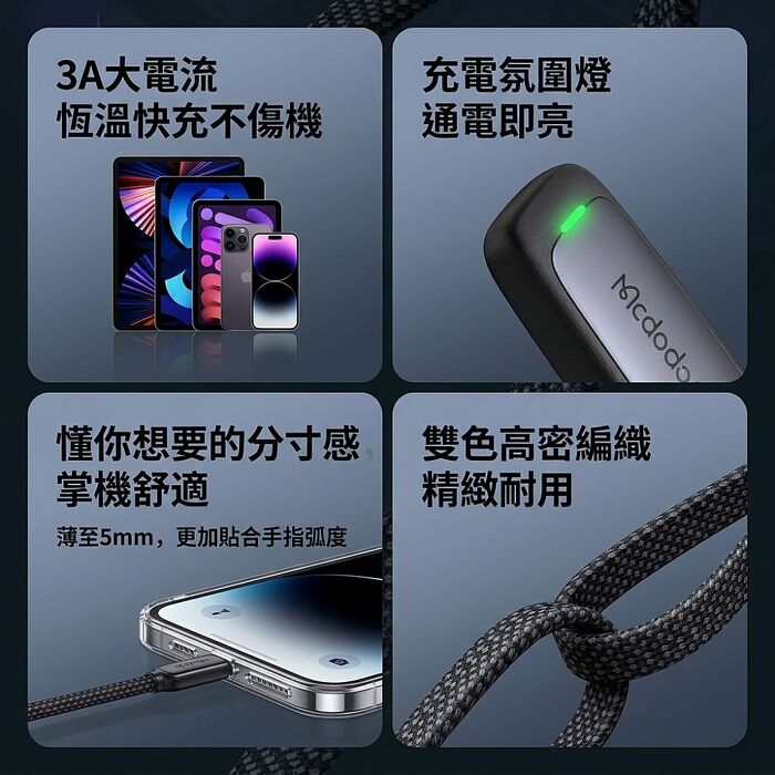 麥多多 斑馬系列 鋁合金編織彎頭扁線手遊快充充電線 36W Type-C to Lightning -1.2m CA-3350(搶購)