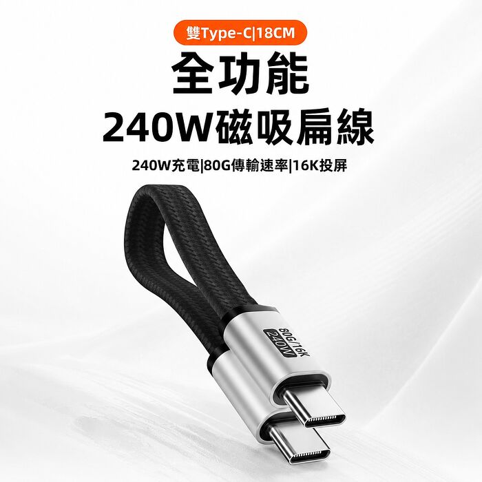 SHOWHAN PD240W Thunderbolt 4 80Gbps 16K投屏 Type-c 全功能 磁吸扁短數據充電線 18CM
