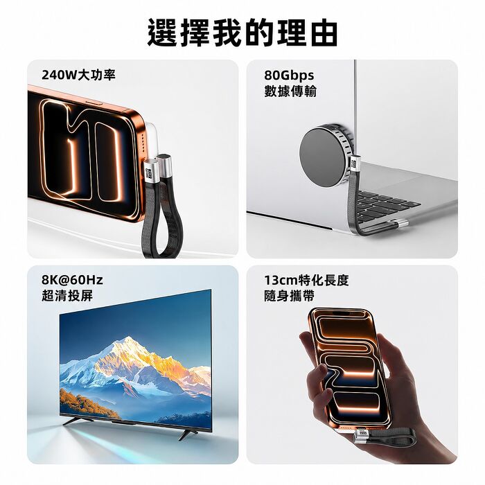SHOWHAN PD240W 80Gbps 8K60Hz高解析投影輸出  Thunderbolt 4 Type-c 全功能 雙側彎軟板線 13CM