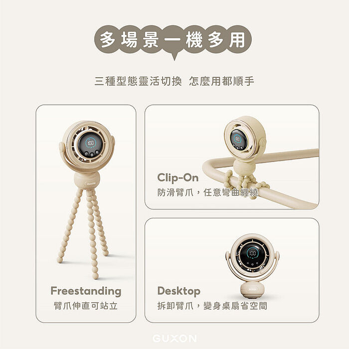 GUXON 古尚 捲捲扇 旋轉風扇 小夜燈桌扇 防夾手設計 自動擺頭 14小時續航 夾式風扇