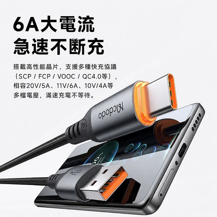 麥多多 Cab Smart系列 智能斷電編織快充線-黑色 6A USB-A to Type-C-1.2mCA-0570