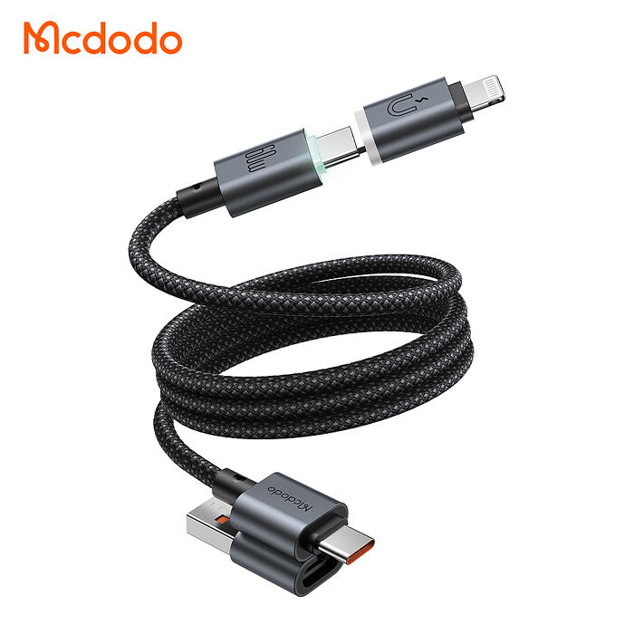 麥多多 極能系列 磁吸收納帶燈鋁合金尼龍編織 60W 四合一 PD 充電線 黑色 -1.2m CA-9920