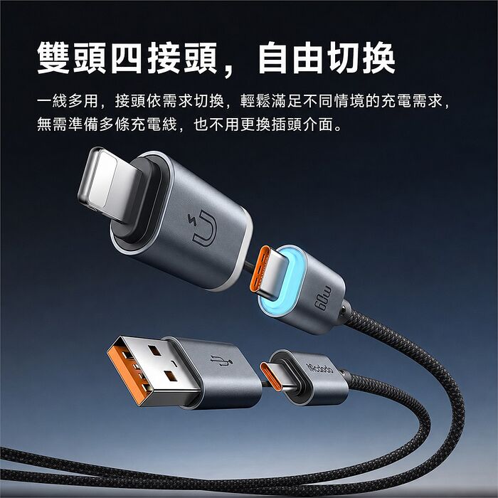 麥多多 極能系列 磁吸收納帶燈鋁合金尼龍編織 60W 四合一 PD 充電線 黑色 -1.2m CA-9920