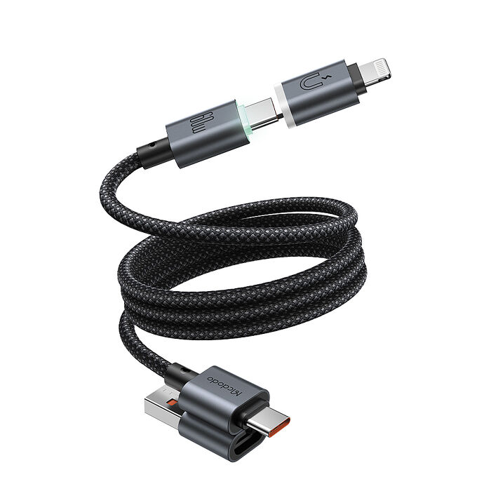麥多多 極能系列 磁吸收納帶燈鋁合金尼龍編織 60W 四合一 PD 充電線 黑色 -1.2m CA-9920