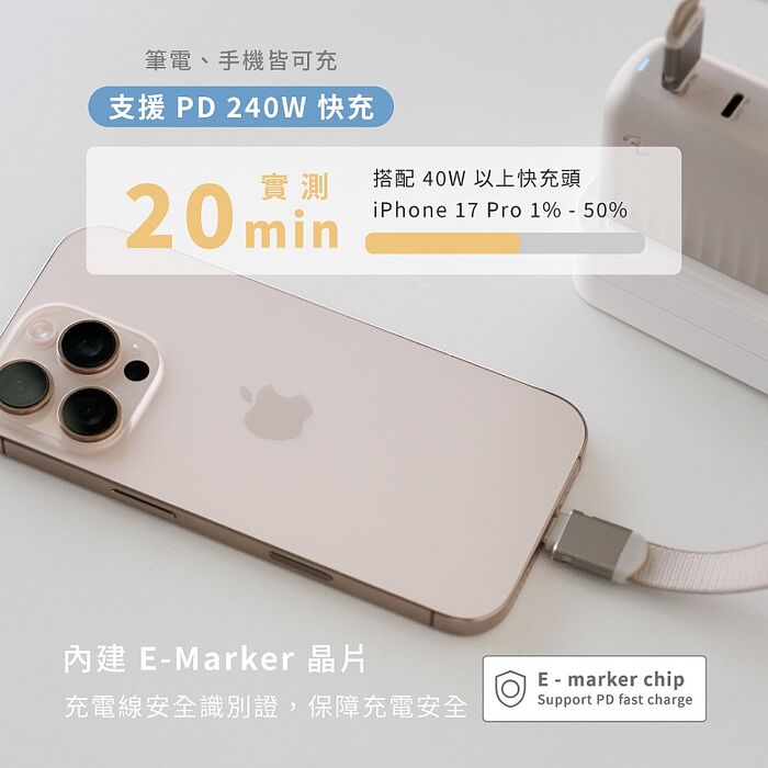 Allite 二合一 USB-C to USB-C 充電掛繩線 支援 Type-C 240W 快充(30cm) E-Marker 智慧晶片