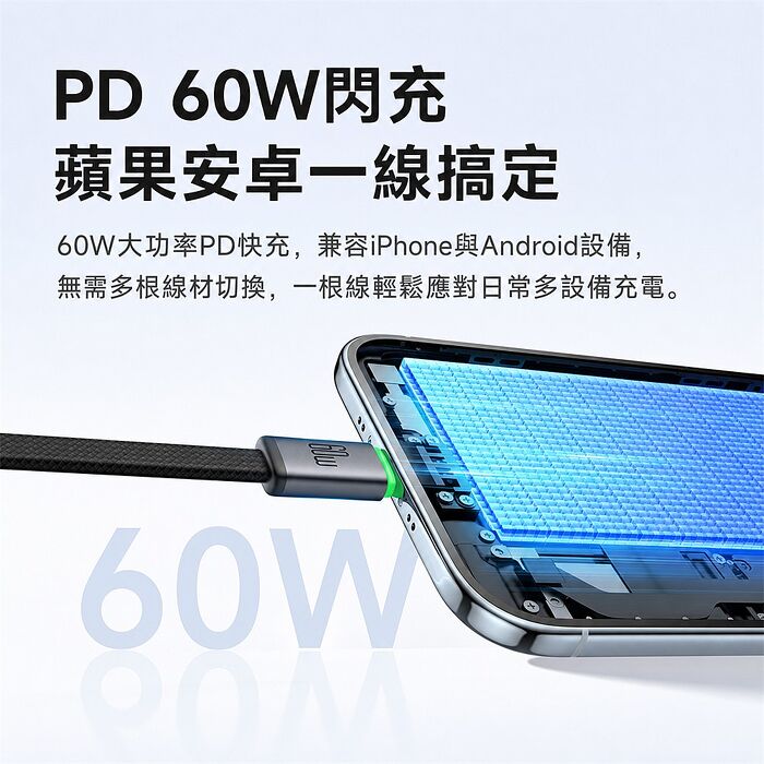麥多多 Cab Luma系列 60W Type-C to Type-C 扁線帶燈編織快充線-黑色 1m CA-7162