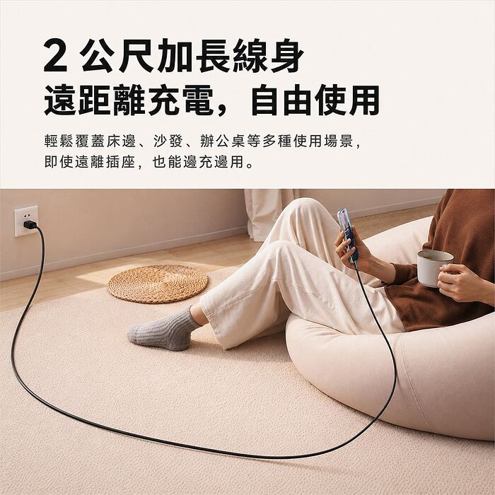 麥多多 Cab Luma系列 240W Type-C to Type-C 扁線帶燈編織快充線-黑色 2m  CA-7163