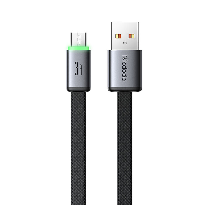 麥多多 Cab Luma系列 3A USB-A to MicroUSB 扁線帶燈編織快充線-黑色 1m CA-7341