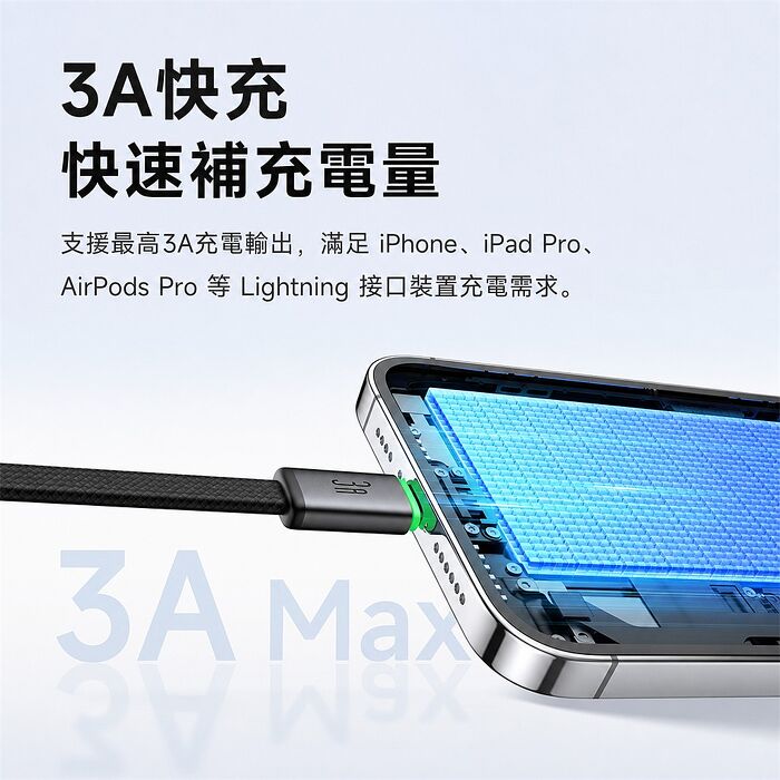 麥多多 Cab Luma系列 3A USB-A to Lightning 扁線帶燈編織快充線-黑色 1m CA-7020