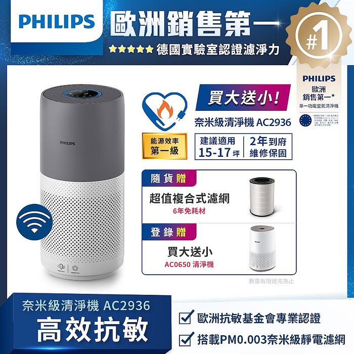 【獨家買一贈二】飛利浦 PHILIPS 奈米級空氣清淨機-AC2936  (贈AC0650清淨機+原廠濾網)