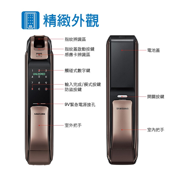 三星電子鎖SHP-DP728 指紋卡片密碼手機APP五合一開門 【台灣總代理公司貨】
