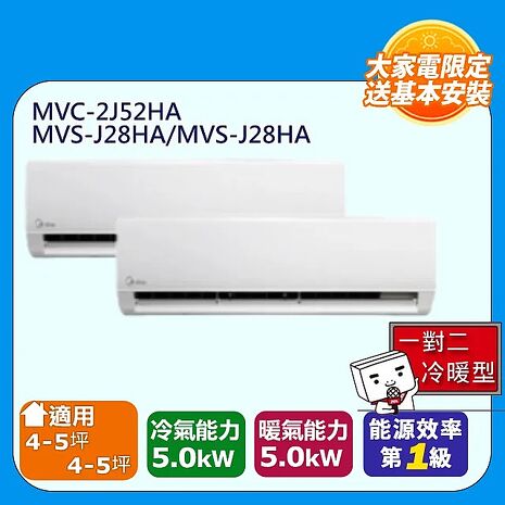 【MIDEA美的】一對二變頻一級能效冷暖分離冷氣-R32《MVC-2J52HA/MVS-J28HA+MVS-J28HA》【贈基本安裝+舊機回收+一年安裝保固】