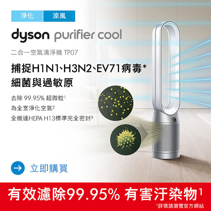 e即棒】Dyson戴森Purifier Cool 二合一涼風扇空氣清淨機TP07 銀白色