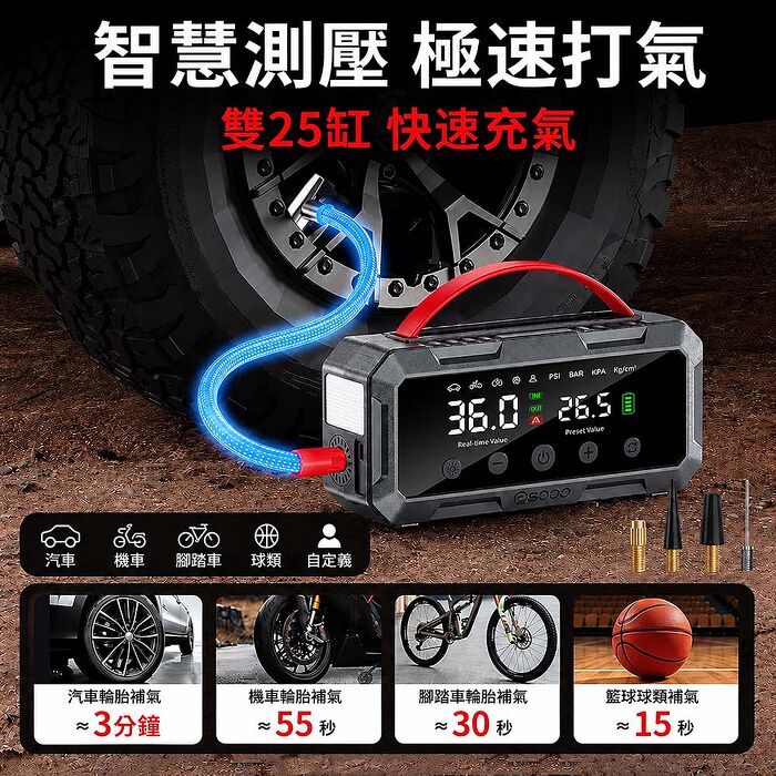 【任e行】PT-126 10000mAh 雙缸打氣 多功能救車行動電源(自動充停/防反接智慧電夾)