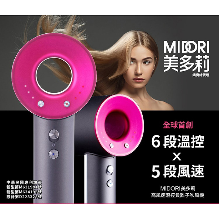 MIDORI 美多莉 高風速溫控負離子吹風機(MDR-1420PK)經典灰