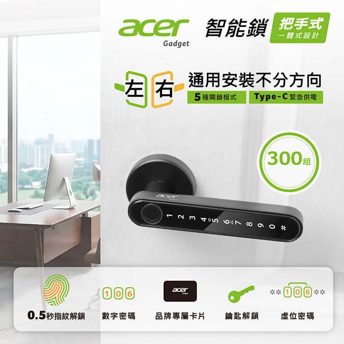 【Acer Gadget】智能鎖 把手式五合一指紋/密碼/虛位密碼/感應卡/鑰匙(ODL106)