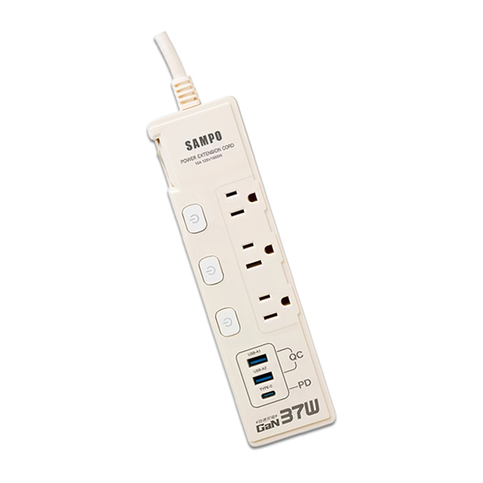 【SAMPO 聲寶】四開三插37W氮化鎵USB延長線-6尺(EL-W43R6U3A)